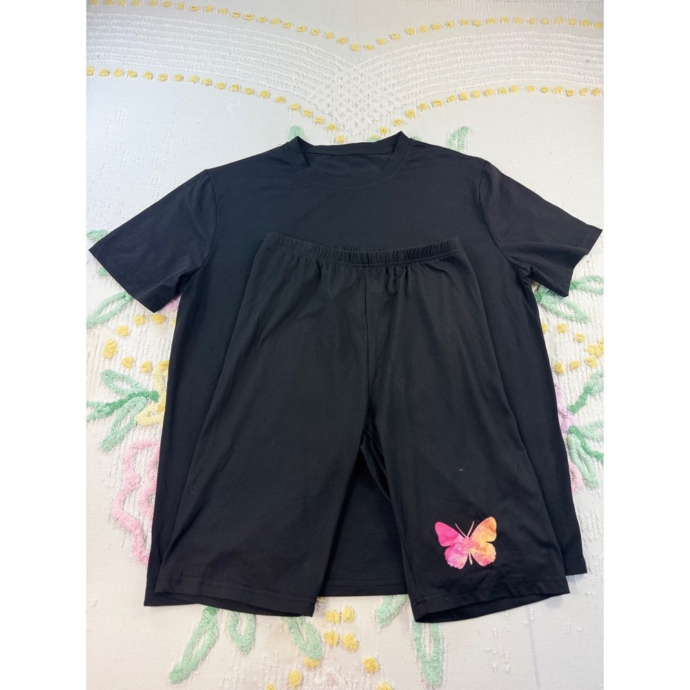 Womens Black Butterfly Graphic Tee Shirt &‎ Bike Shorts Set Lounge Sleepwear M